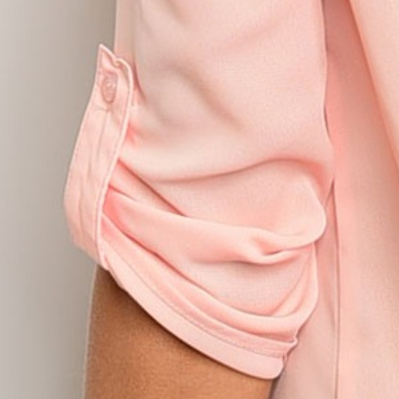 Peach Pink Lace Up Crochet Roll-Tab Blouse - Picture 5 of 7